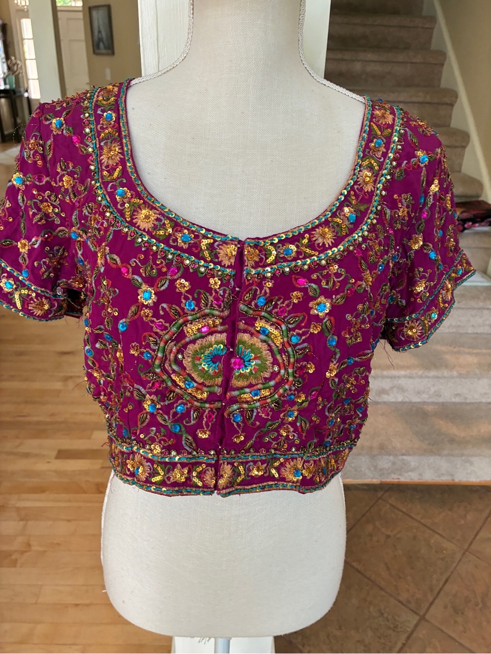 Hand-Embroidered Indian Style Magenta Crop Top with Intricate Beading